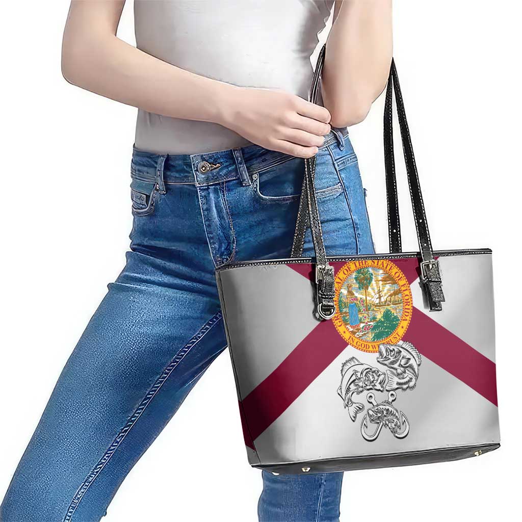 Florida State Flag Fishing Leather Tote Bag Hook and Fish Sketch Graphic in Red and White Design - Wonder Print Shop