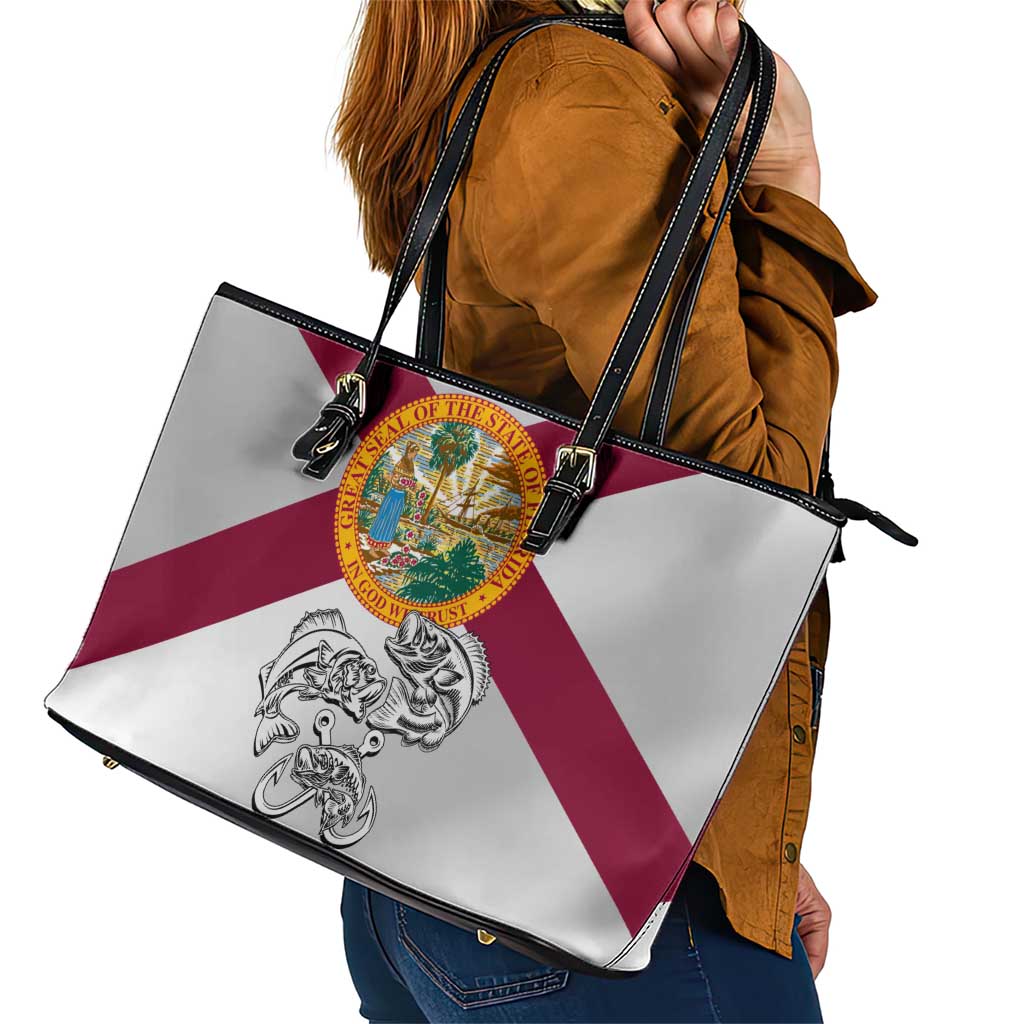 Florida State Flag Fishing Leather Tote Bag Hook and Fish Sketch Graphic in Red and White Design - Wonder Print Shop