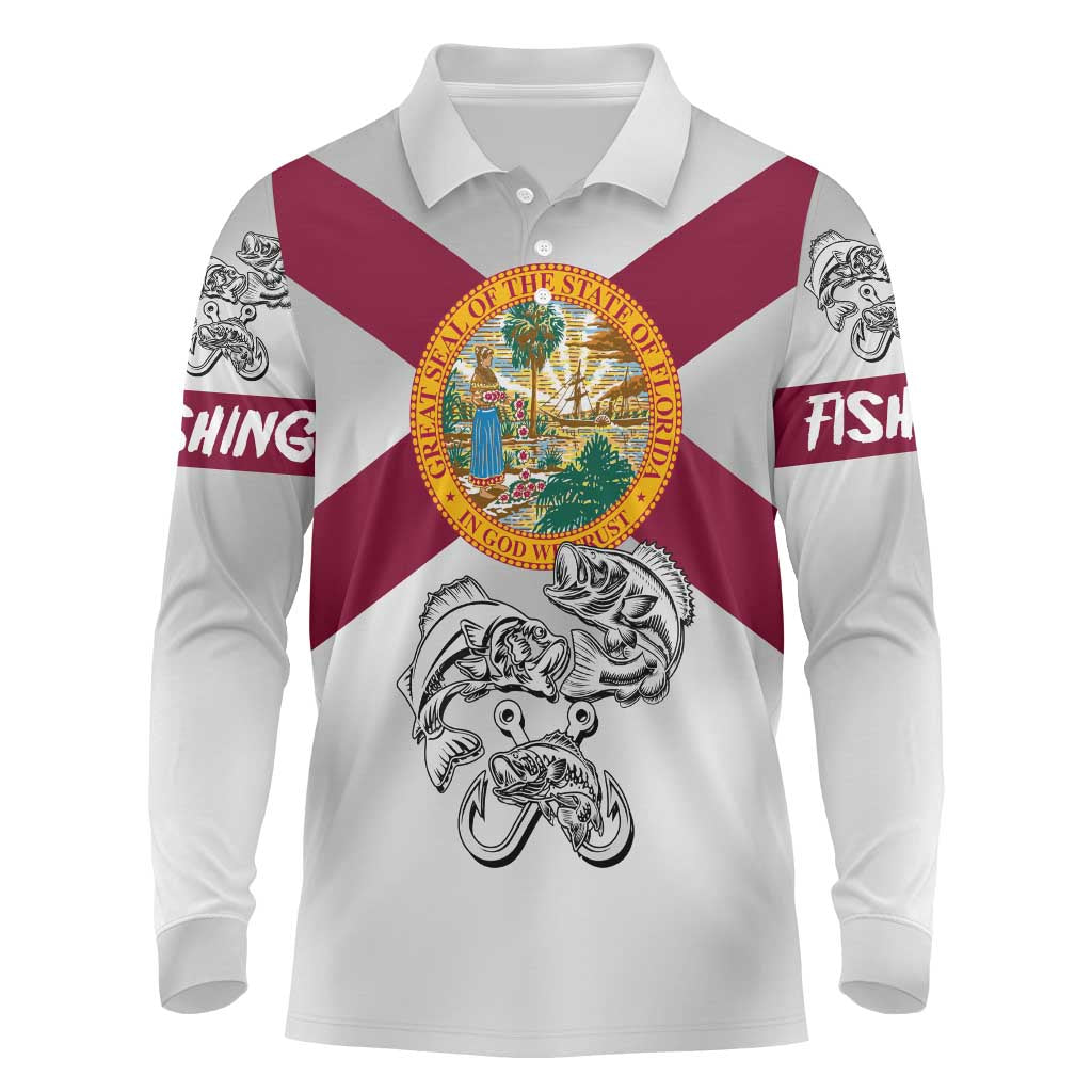 Florida State Flag Fishing Long Sleeve Polo Shirt Hook and Fish Sketch Graphic in Red and White Design - Wonder Print Shop
