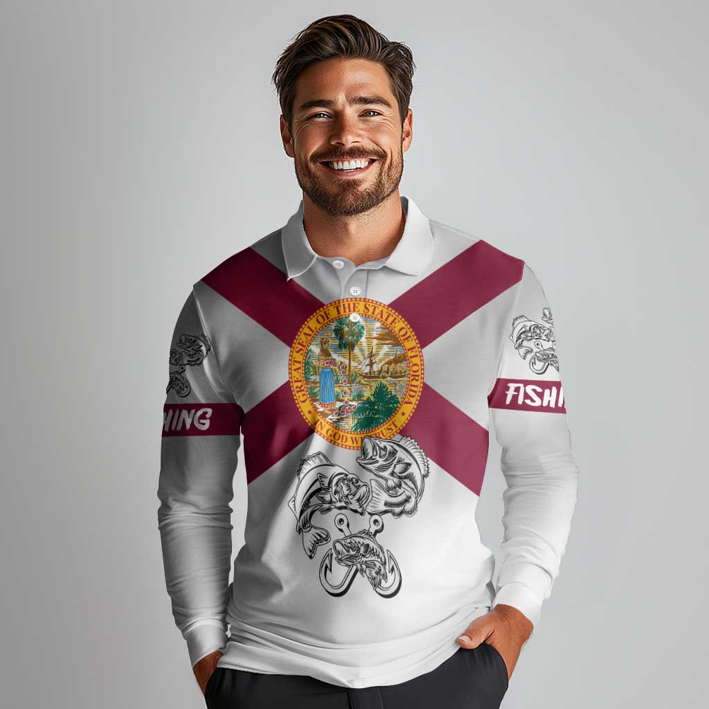 Florida State Flag Fishing Long Sleeve Polo Shirt Hook and Fish Sketch Graphic in Red and White Design - Wonder Print Shop