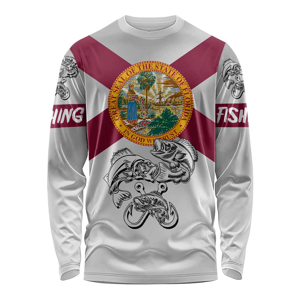 Florida State Flag Fishing Long Sleeve Shirt Hook and Fish Sketch Graphic in Red and White Design - Wonder Print Shop