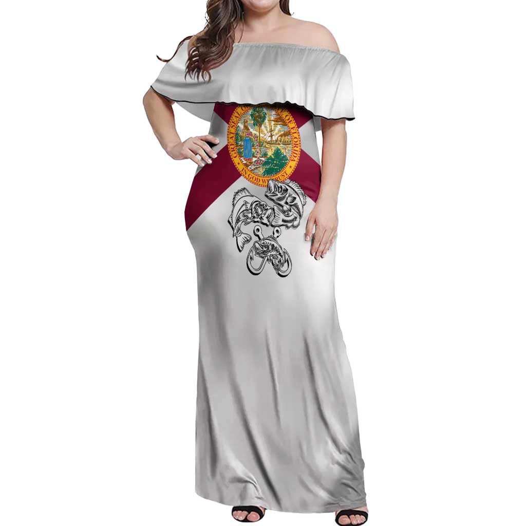 Florida State Flag Fishing Off Shoulder Maxi Dress Hook and Fish Sketch Graphic in Red and White Design - Wonder Print Shop