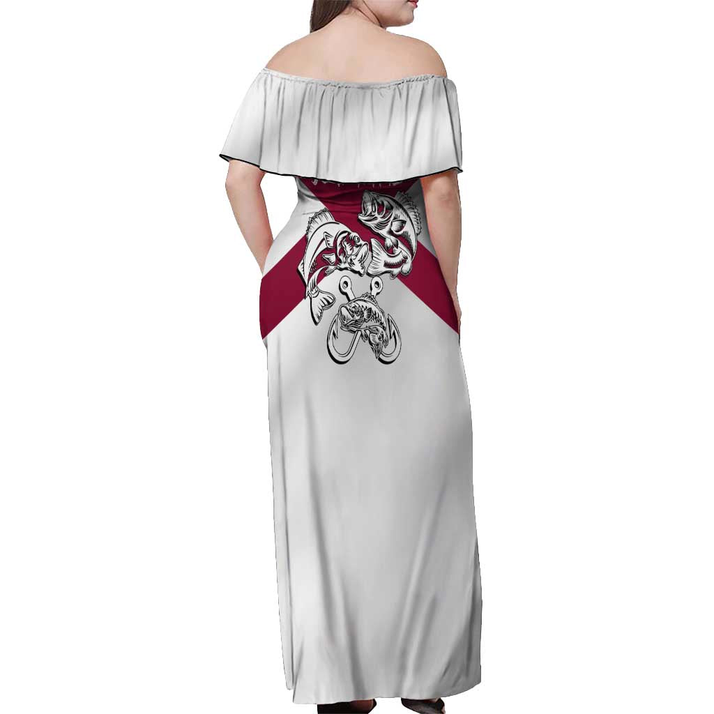 Florida State Flag Fishing Off Shoulder Maxi Dress Hook and Fish Sketch Graphic in Red and White Design - Wonder Print Shop