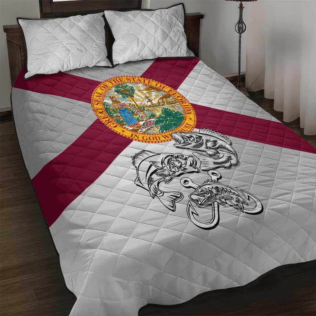 Florida State Flag Fishing Quilt Bed Set Hook and Fish Sketch Graphic in Red and White Design - Wonder Print Shop