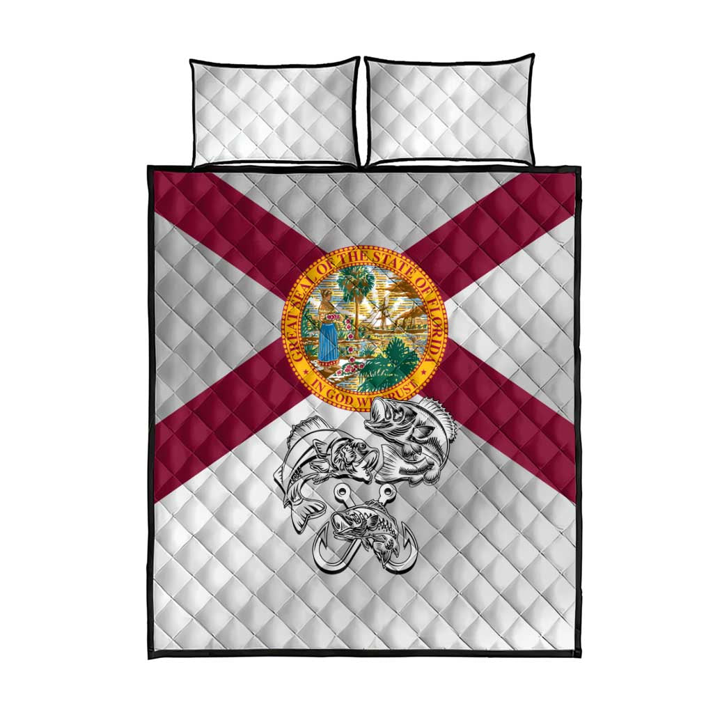Florida State Flag Fishing Quilt Bed Set Hook and Fish Sketch Graphic in Red and White Design - Wonder Print Shop