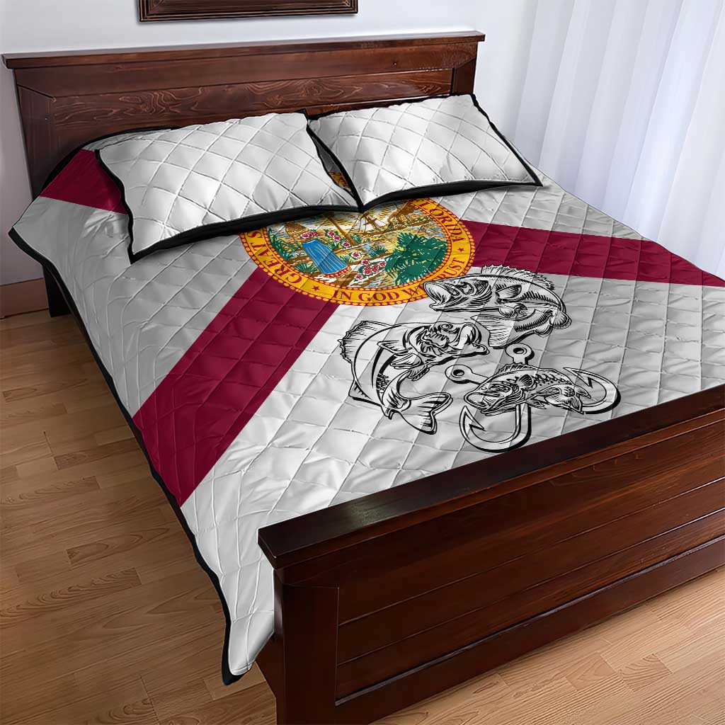 Florida State Flag Fishing Quilt Bed Set Hook and Fish Sketch Graphic in Red and White Design - Wonder Print Shop