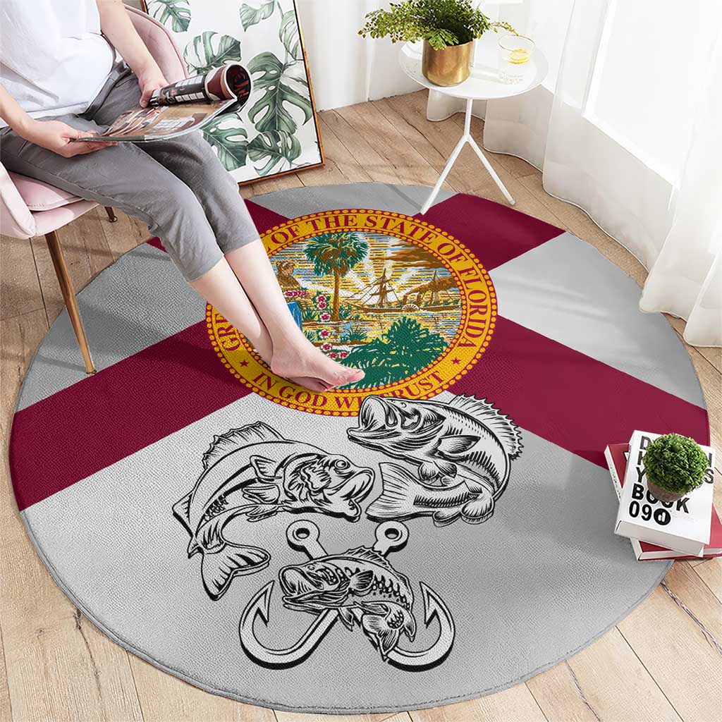 Florida State Flag Fishing Round Carpet Hook and Fish Sketch Graphic in Red and White Design - Wonder Print Shop