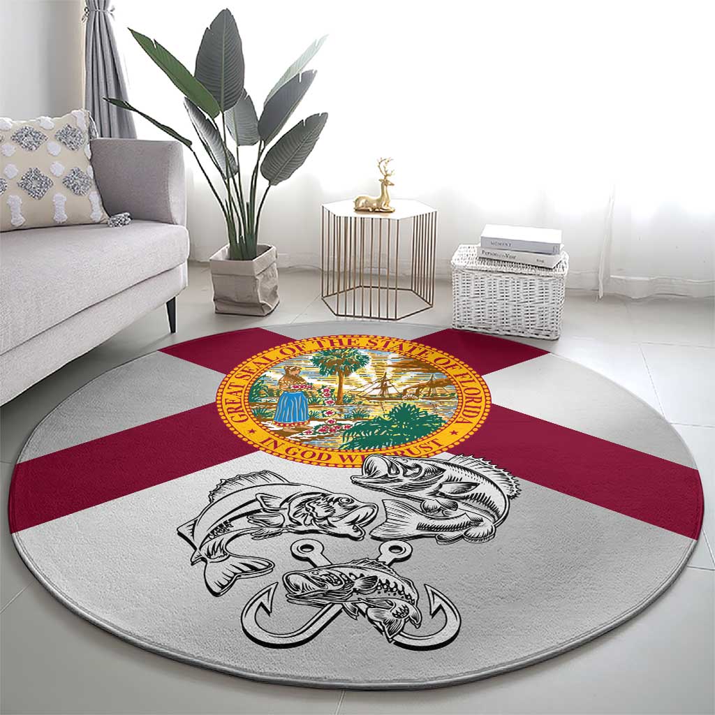 Florida State Flag Fishing Round Carpet Hook and Fish Sketch Graphic in Red and White Design - Wonder Print Shop