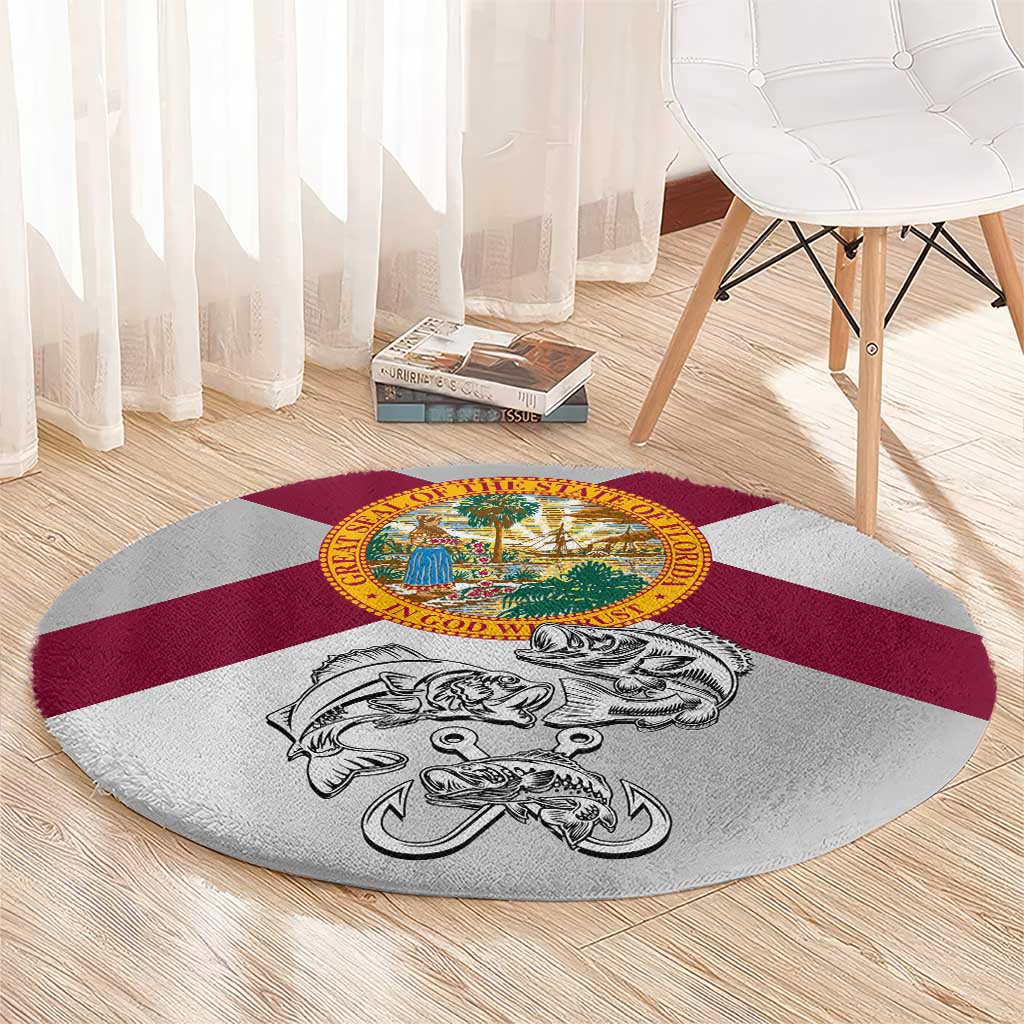 Florida State Flag Fishing Round Carpet Hook and Fish Sketch Graphic in Red and White Design - Wonder Print Shop