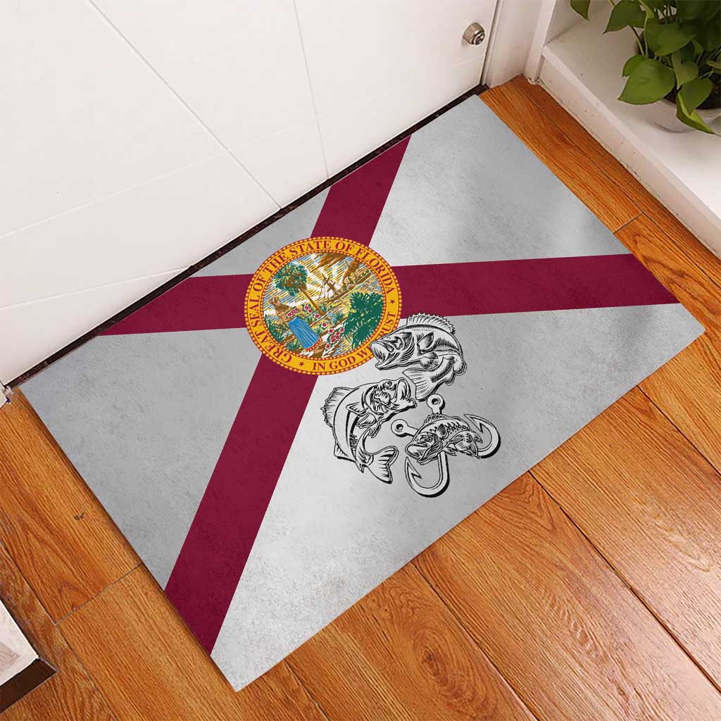 Florida State Flag Fishing Rubber Doormat Hook and Fish Sketch Graphic in Red and White Design - Wonder Print Shop