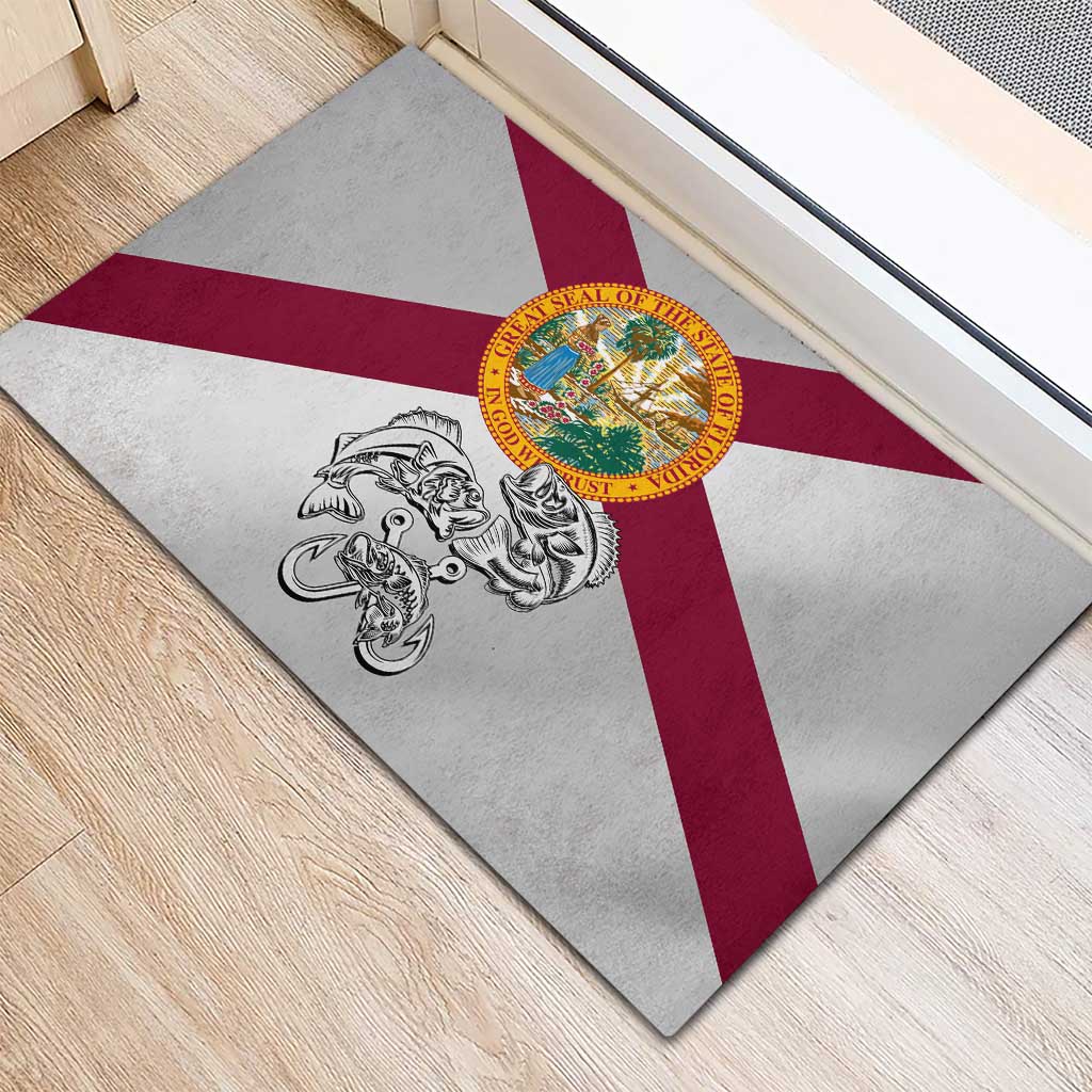 Florida State Flag Fishing Rubber Doormat Hook and Fish Sketch Graphic in Red and White Design - Wonder Print Shop