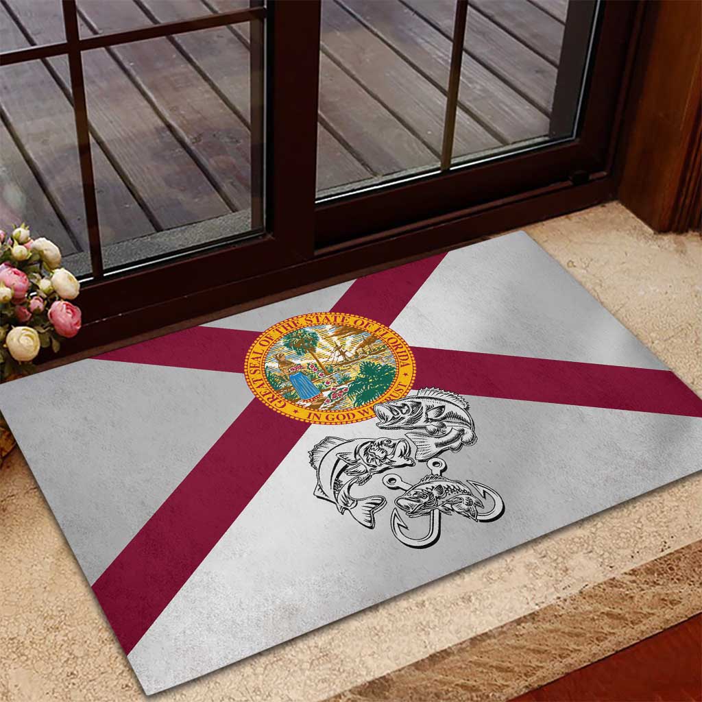 Florida State Flag Fishing Rubber Doormat Hook and Fish Sketch Graphic in Red and White Design - Wonder Print Shop