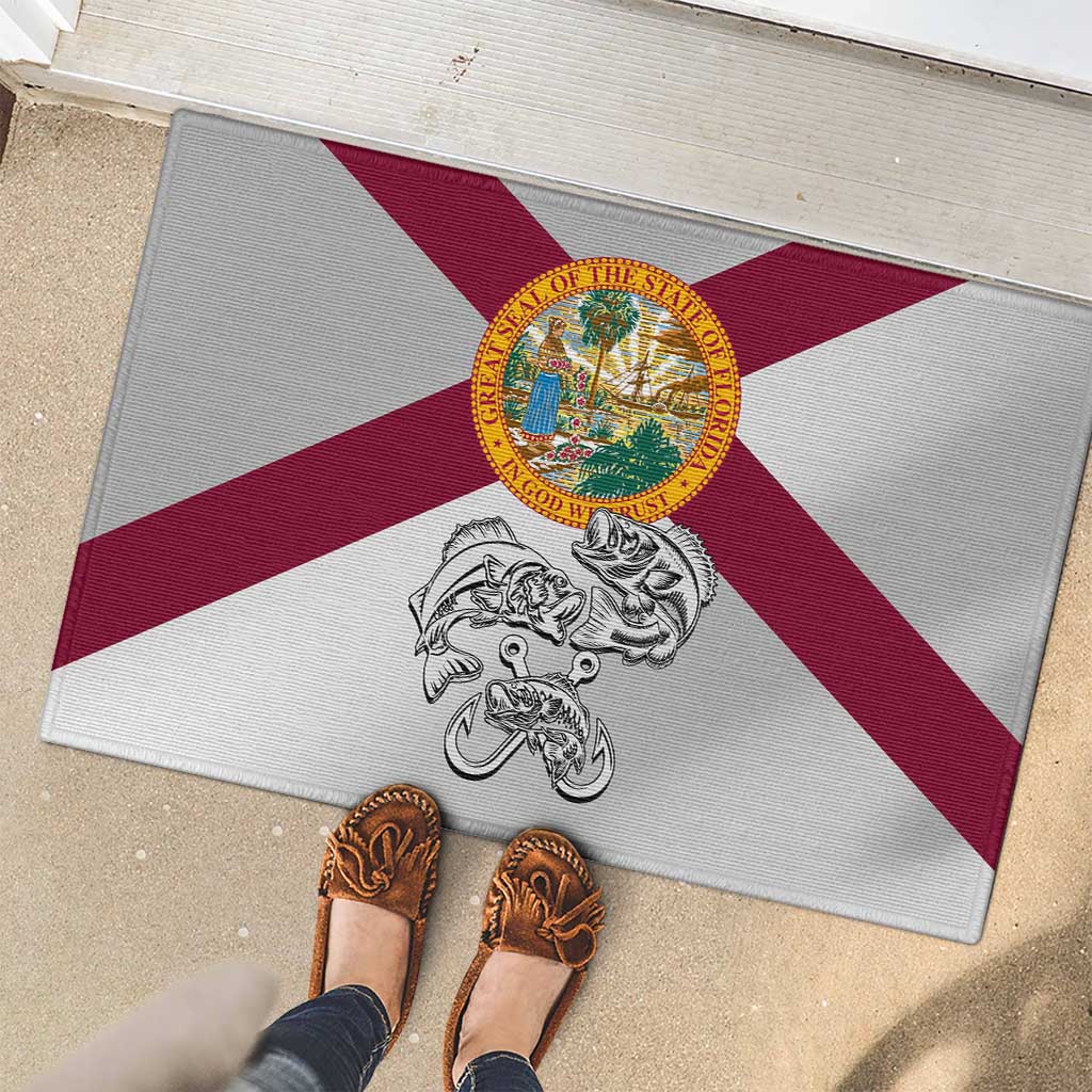 Florida State Flag Fishing Rubber Doormat Hook and Fish Sketch Graphic in Red and White Design - Wonder Print Shop