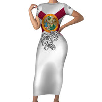 Florida State Flag Fishing Short Sleeve Bodycon Dress Hook and Fish Sketch Graphic in Red and White Design - Wonder Print Shop
