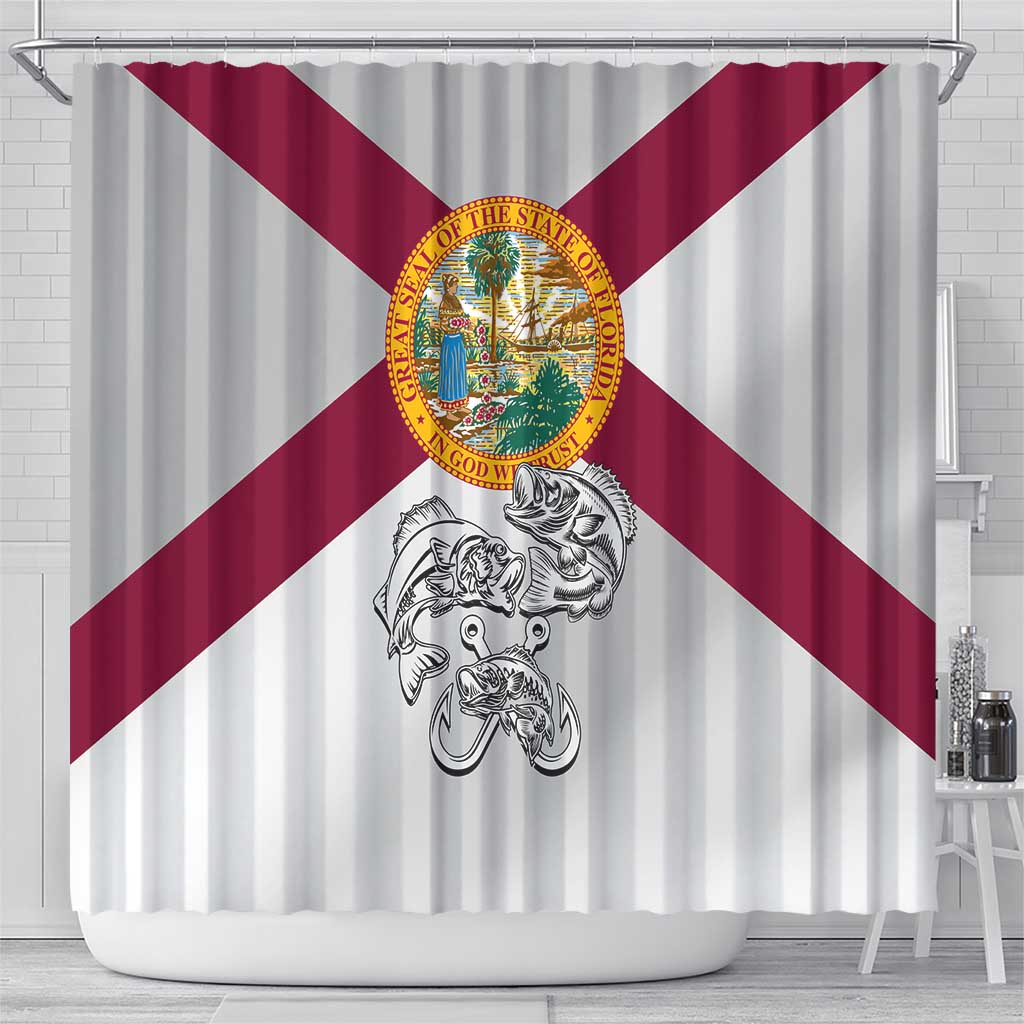 Florida State Flag Fishing Shower Curtain Hook and Fish Sketch Graphic in Red and White Design - Wonder Print Shop
