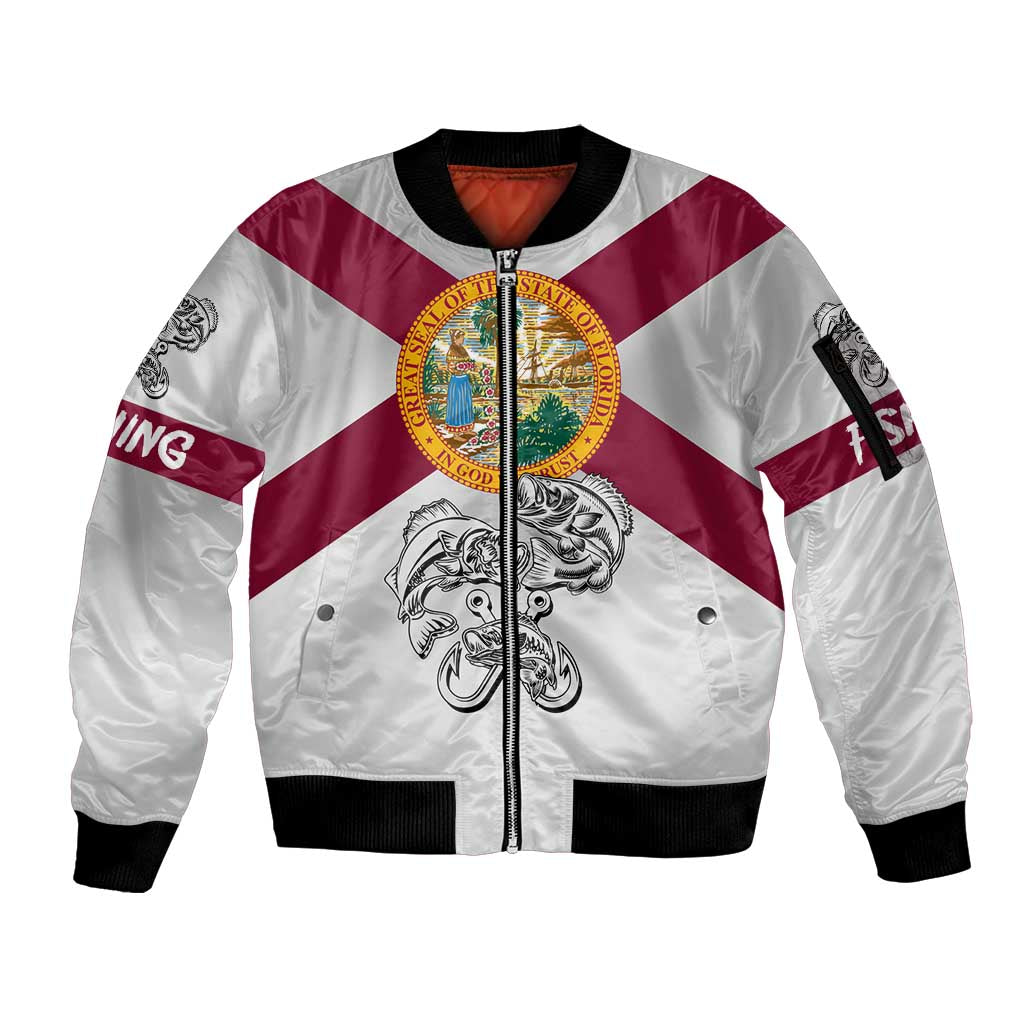 Florida State Flag Fishing Sleeve Zip Bomber Jacket Hook and Fish Sketch Graphic in Red and White Design - Wonder Print Shop