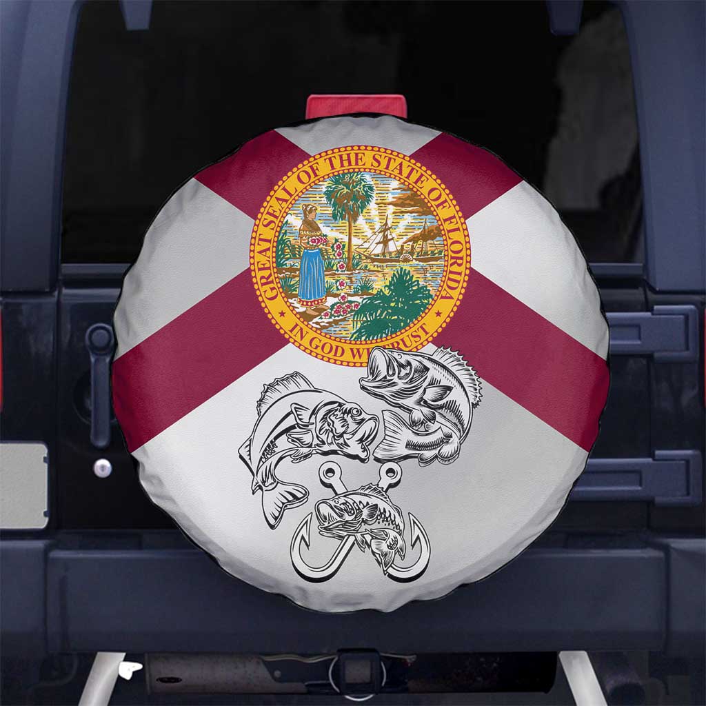 Florida State Flag Fishing Spare Tire Cover Hook and Fish Sketch Graphic in Red and White Design - Wonder Print Shop