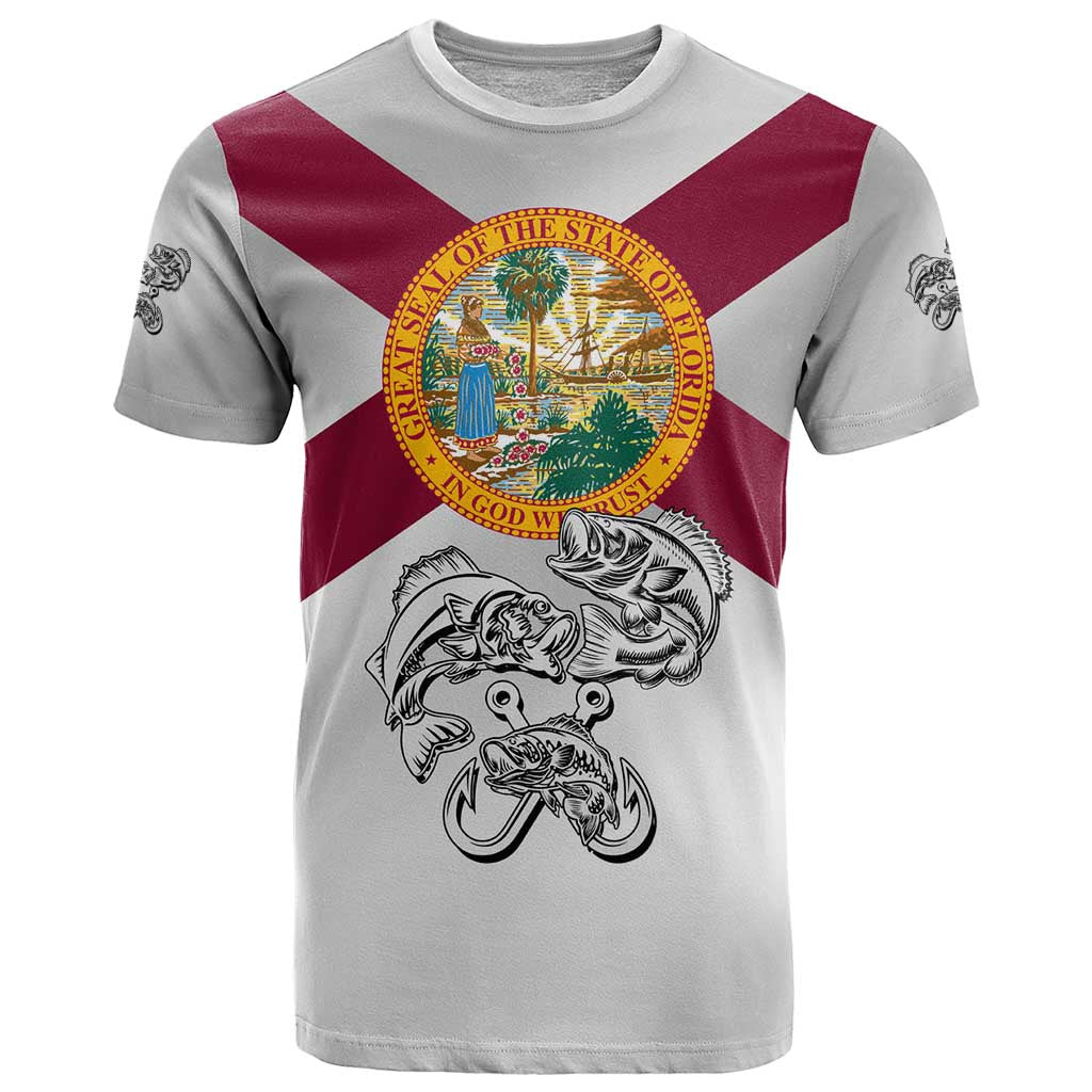 Florida State Flag Fishing T Shirt Hook and Fish Sketch Graphic in Red and White Design - Wonder Print Shop