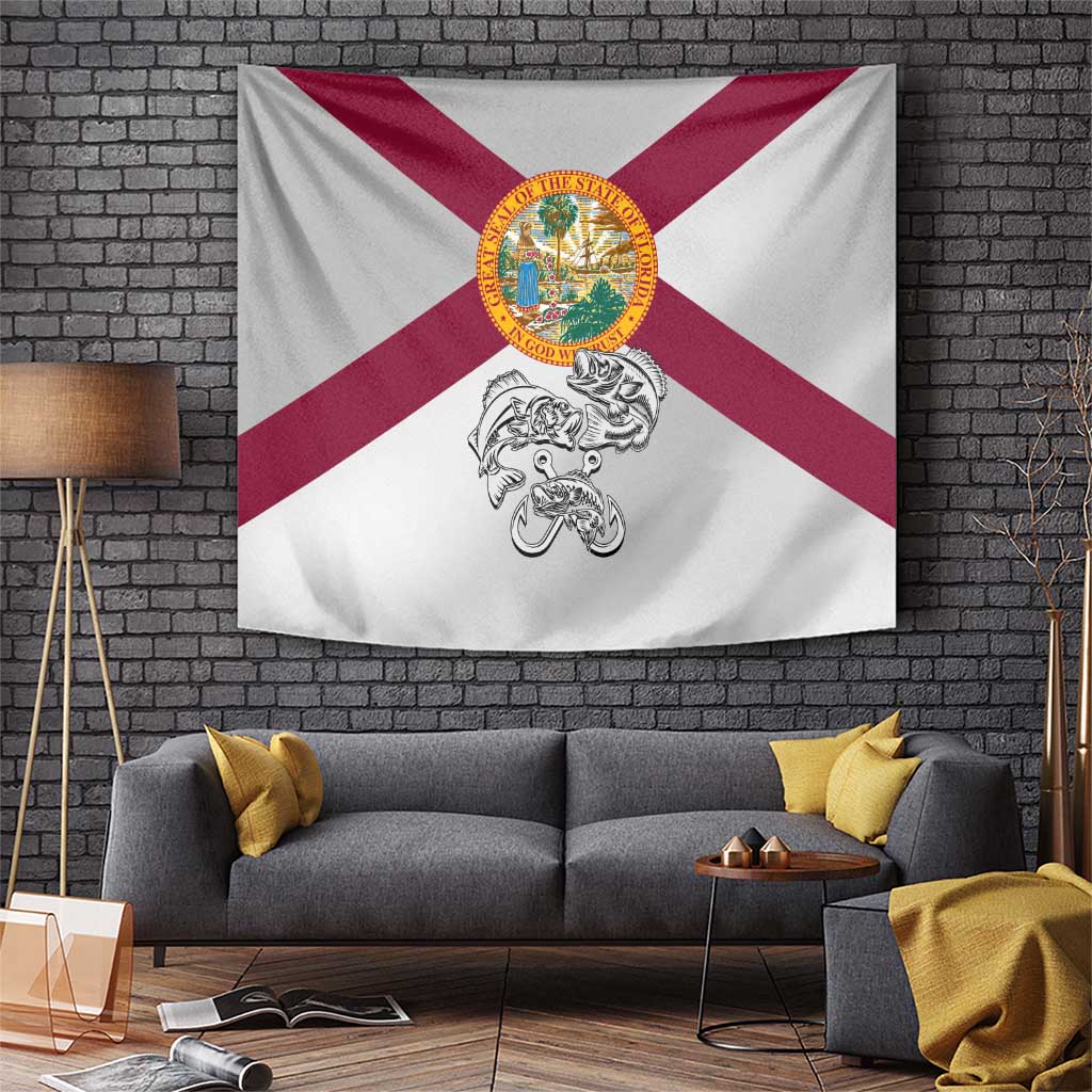 Florida State Flag Fishing Tapestry Hook and Fish Sketch Graphic in Red and White Design - Wonder Print Shop