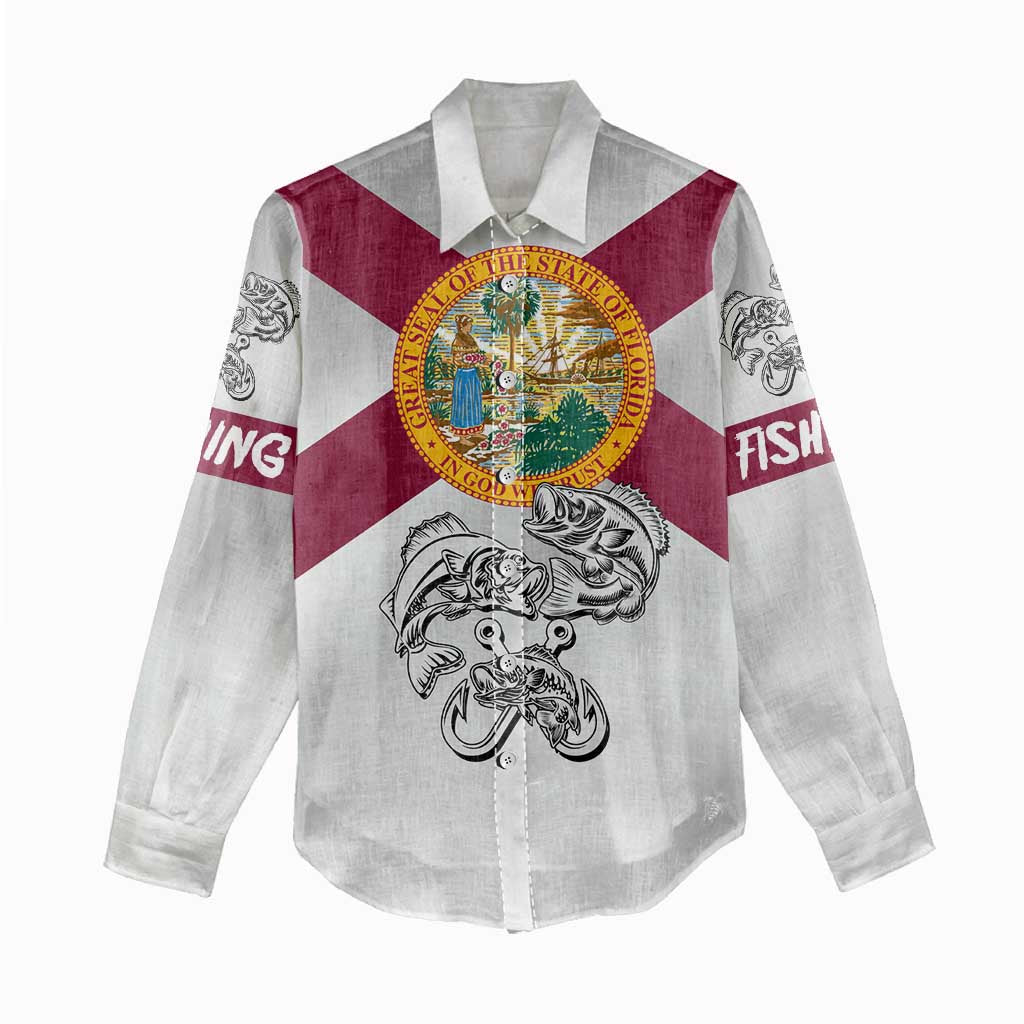 Florida State Flag Fishing Women Casual Shirt Hook and Fish Sketch Graphic in Red and White Design - Wonder Print Shop