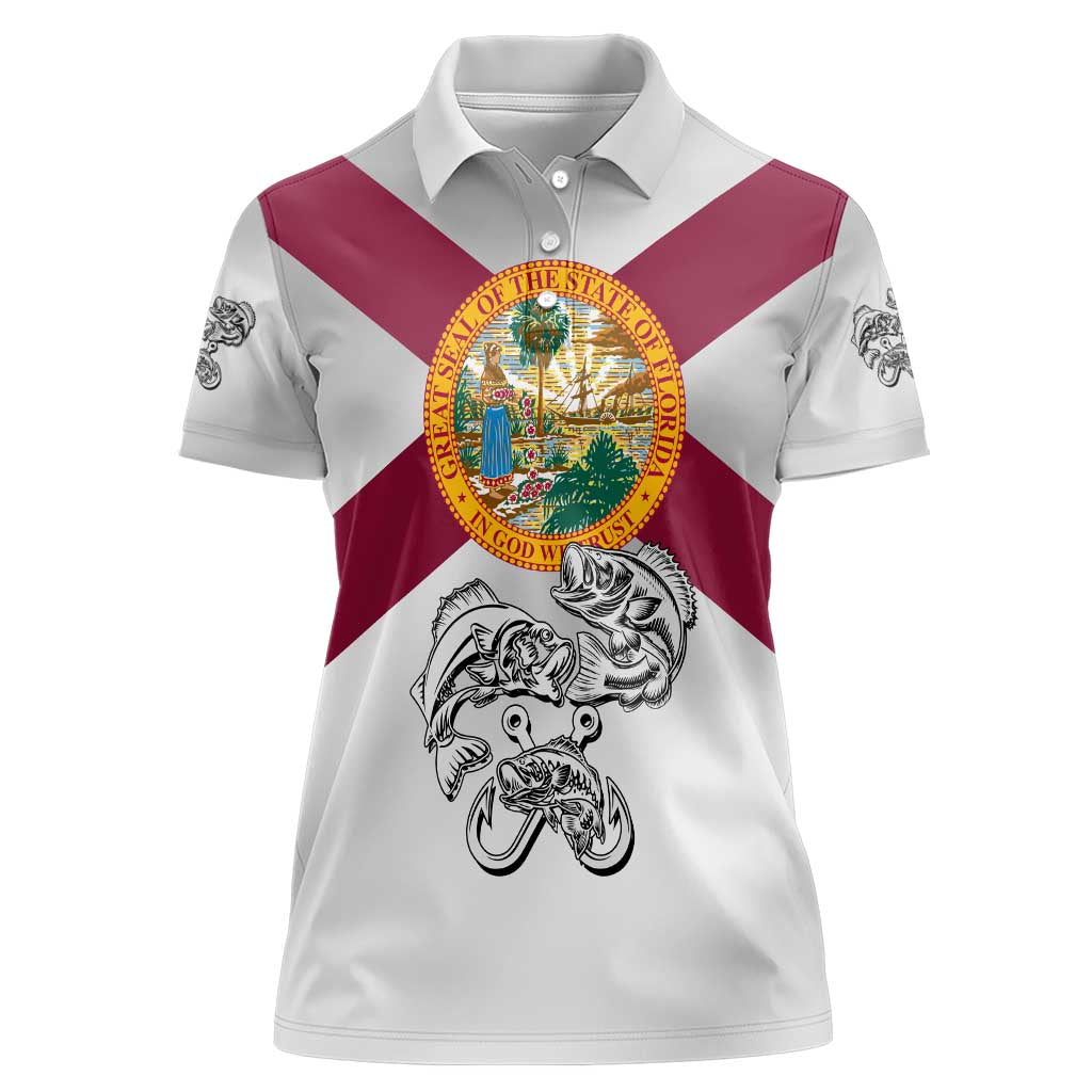 Florida State Flag Fishing Women Polo Shirt Hook and Fish Sketch Graphic in Red and White Design - Wonder Print Shop