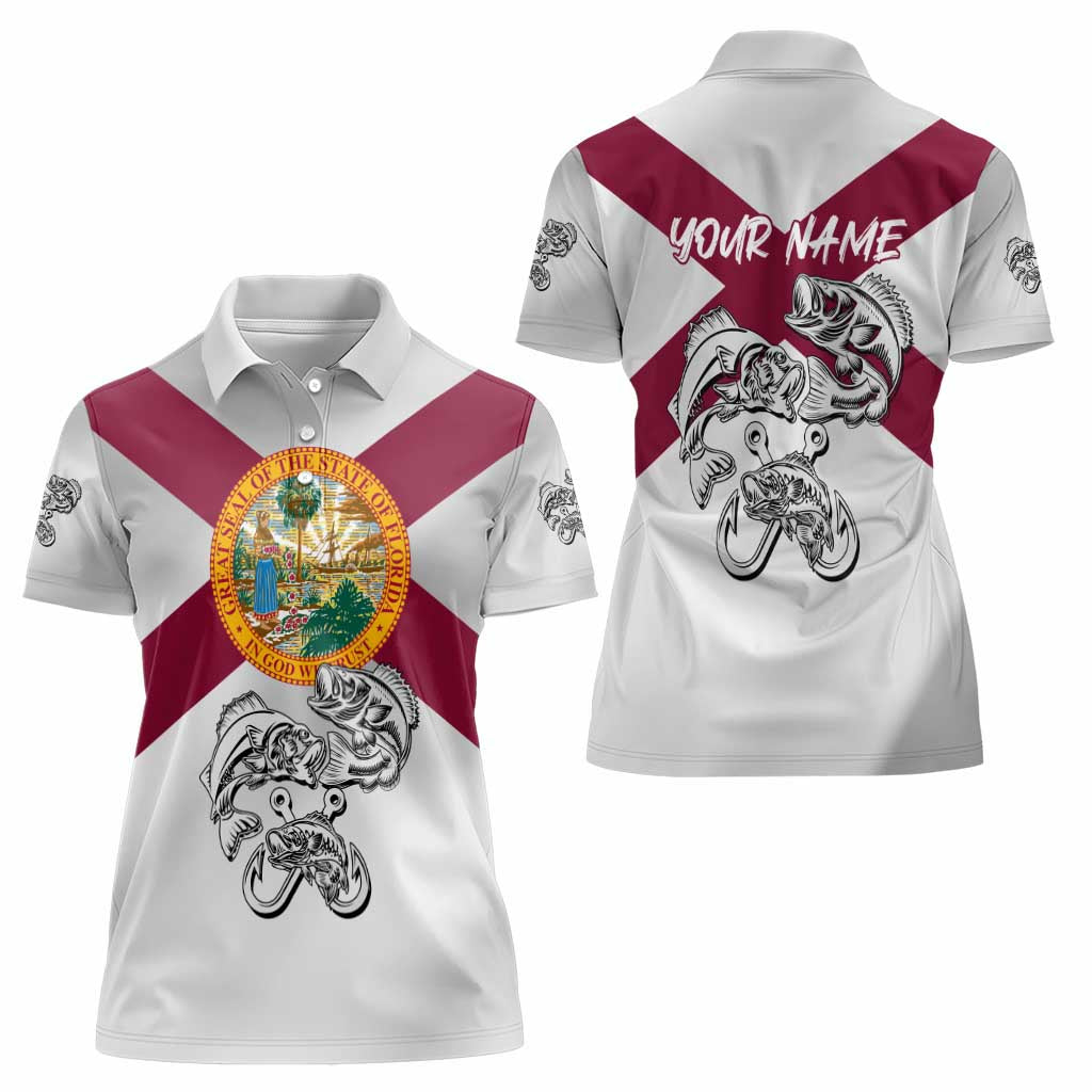 Florida State Flag Fishing Women Polo Shirt Hook and Fish Sketch Graphic in Red and White Design - Wonder Print Shop