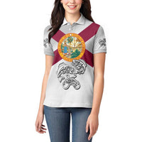 Florida State Flag Fishing Women Polo Shirt Hook and Fish Sketch Graphic in Red and White Design - Wonder Print Shop