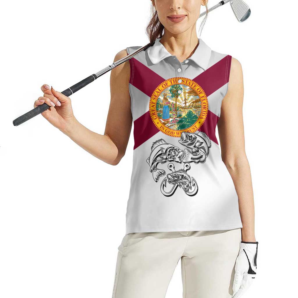 Florida State Flag Fishing Women Sleeveless Polo Shirt Hook and Fish Sketch Graphic in Red and White Design - Wonder Print Shop