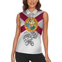 Florida State Flag Fishing Women Sleeveless Polo Shirt Hook and Fish Sketch Graphic in Red and White Design - Wonder Print Shop