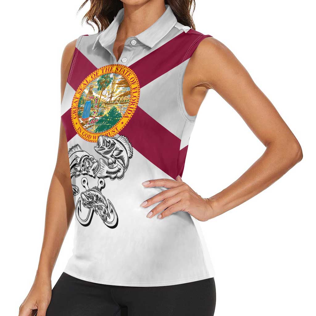 Florida State Flag Fishing Women Sleeveless Polo Shirt Hook and Fish Sketch Graphic in Red and White Design - Wonder Print Shop