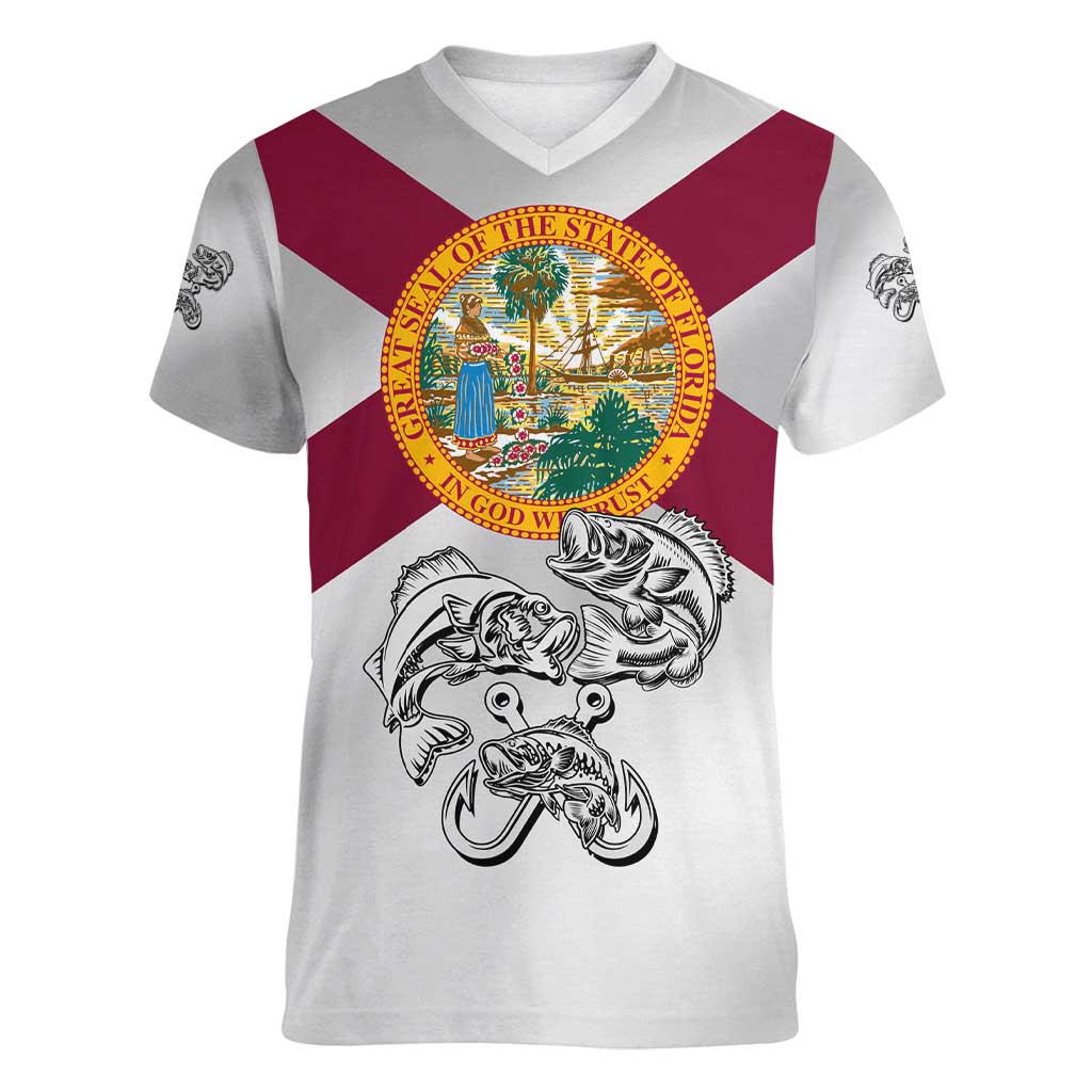 Florida State Flag Fishing Women V-Neck T-Shirt Hook and Fish Sketch Graphic in Red and White Design - Wonder Print Shop