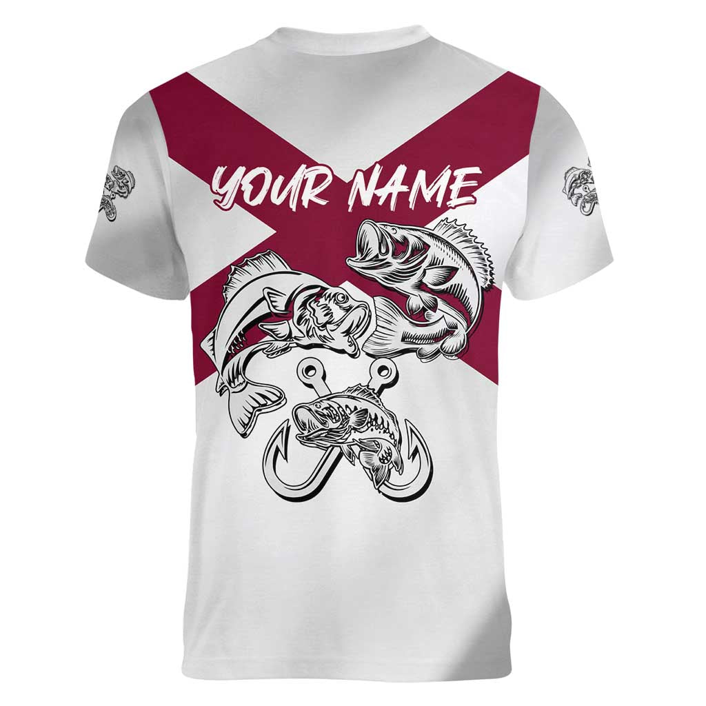 Florida State Flag Fishing Women V-Neck T-Shirt Hook and Fish Sketch Graphic in Red and White Design - Wonder Print Shop