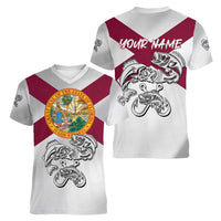 Florida State Flag Fishing Women V-Neck T-Shirt Hook and Fish Sketch Graphic in Red and White Design - Wonder Print Shop