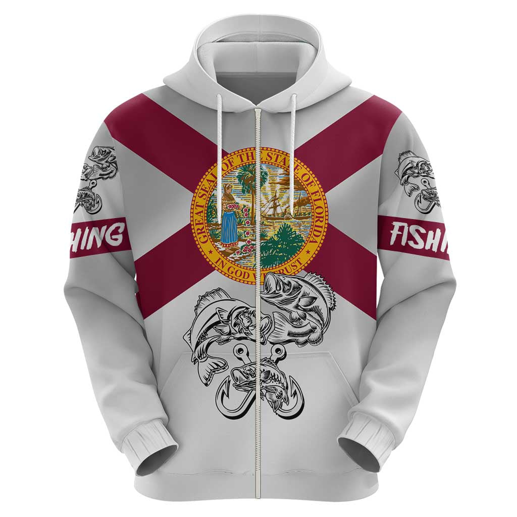 Florida State Flag Fishing Zip Hoodie Hook and Fish Sketch Graphic in Red and White Design - Wonder Print Shop
