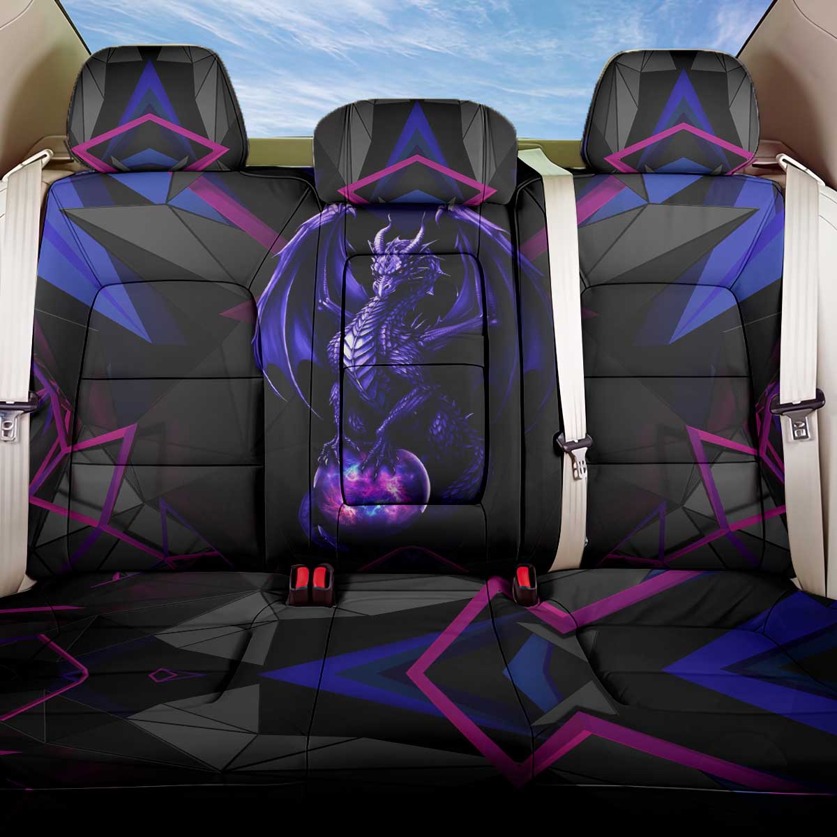 Custom Black And Purple Dragon Bowling Back Car Seat Cover Magic Orb Graphic on Geometric Black Background Design - Wonder Print Shop