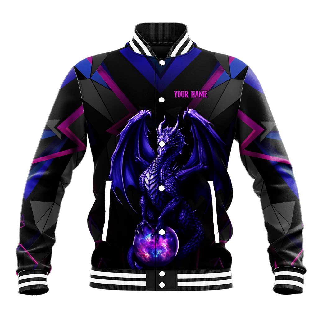 Custom Black And Purple Dragon Bowling Baseball Jacket Magic Orb Graphic on Geometric Black Background Design - Wonder Print Shop