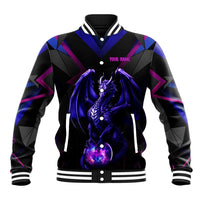 Custom Black And Purple Dragon Bowling Baseball Jacket Magic Orb Graphic on Geometric Black Background Design - Wonder Print Shop