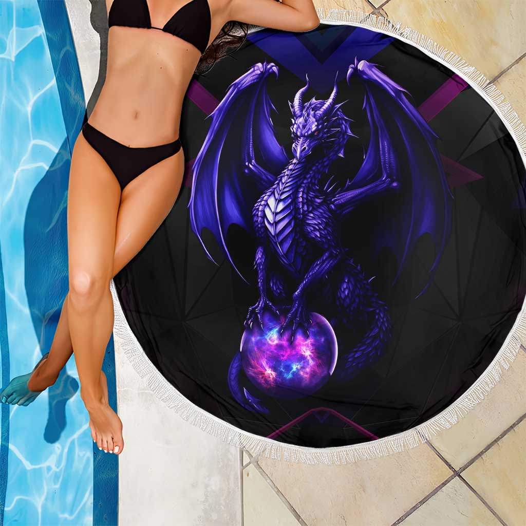 Custom Black And Purple Dragon Bowling Beach Blanket Magic Orb Graphic on Geometric Black Background Design - Wonder Print Shop