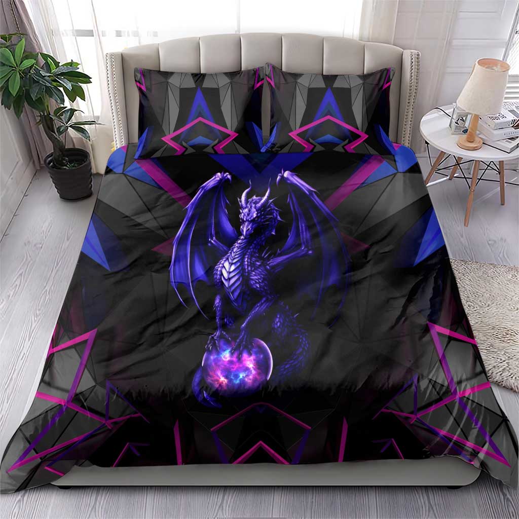 Custom Black And Purple Dragon Bowling Bedding Set Magic Orb Graphic on Geometric Black Background Design - Wonder Print Shop