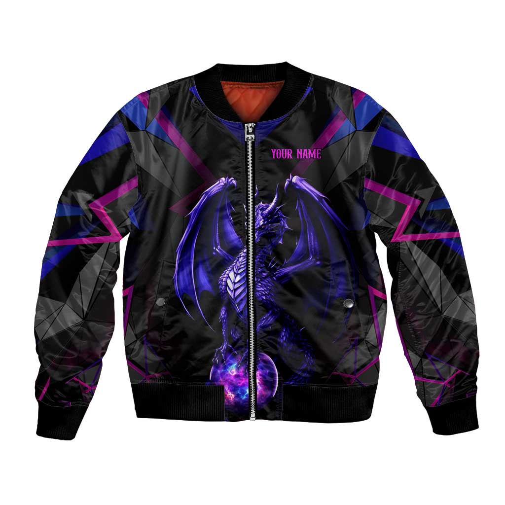 Custom Black And Purple Dragon Bowling Bomber Jacket Magic Orb Graphic on Geometric Black Background Design - Wonder Print Shop