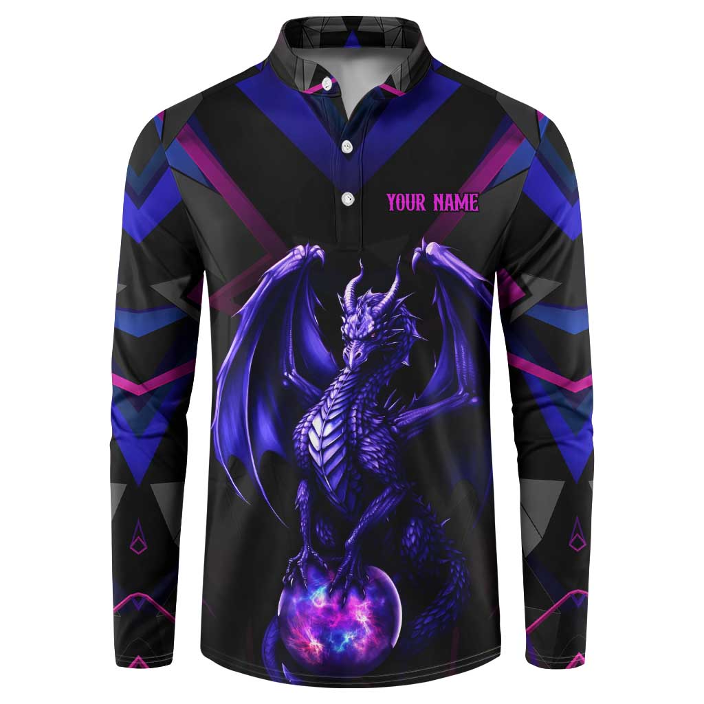 Custom Black And Purple Dragon Bowling Button Sweatshirt Magic Orb Graphic on Geometric Black Background Design - Wonder Print Shop