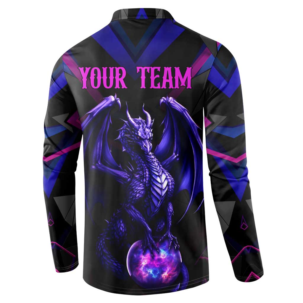Custom Black And Purple Dragon Bowling Button Sweatshirt Magic Orb Graphic on Geometric Black Background Design - Wonder Print Shop