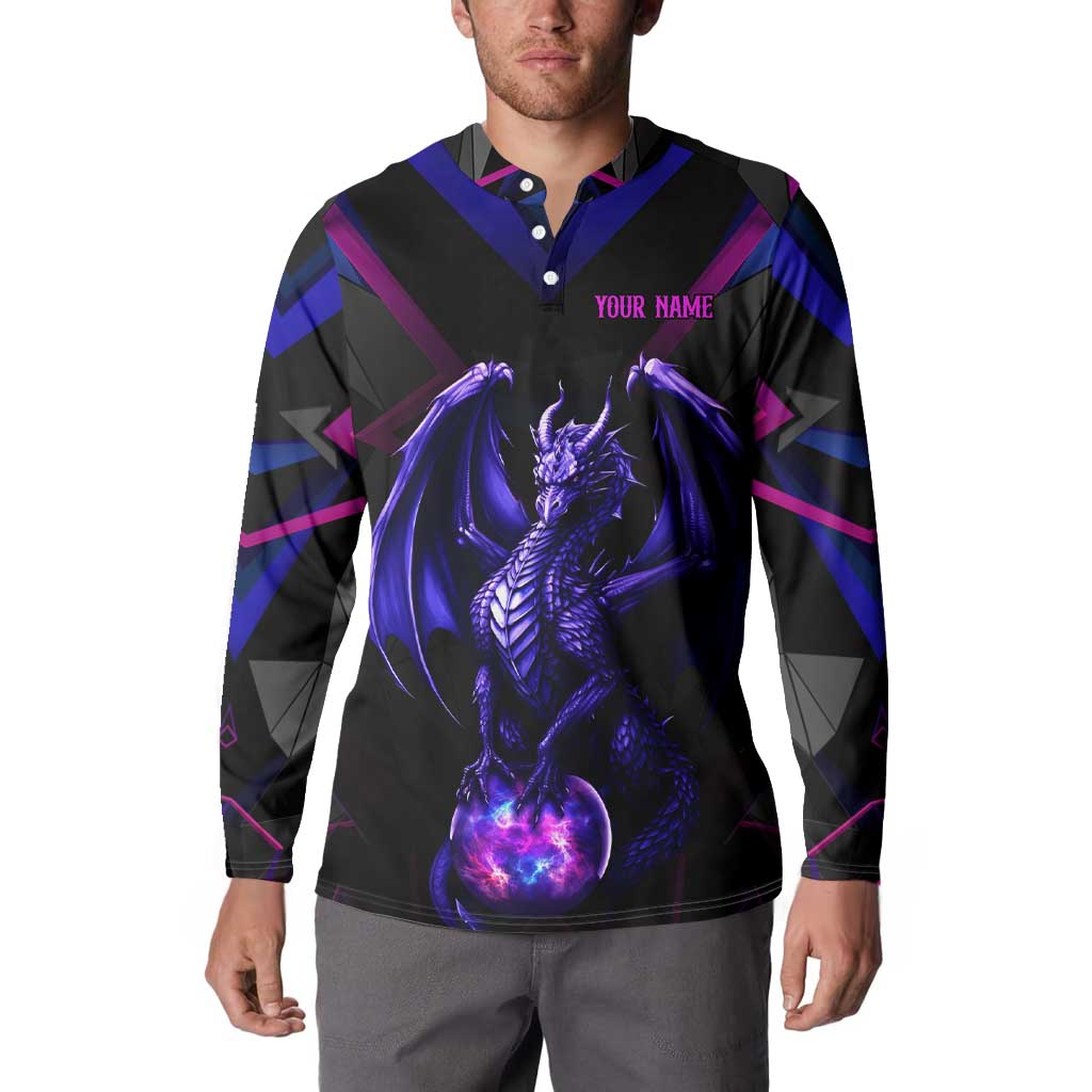 Custom Black And Purple Dragon Bowling Button Sweatshirt Magic Orb Graphic on Geometric Black Background Design - Wonder Print Shop