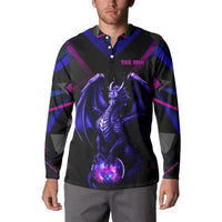 Custom Black And Purple Dragon Bowling Button Sweatshirt Magic Orb Graphic on Geometric Black Background Design - Wonder Print Shop