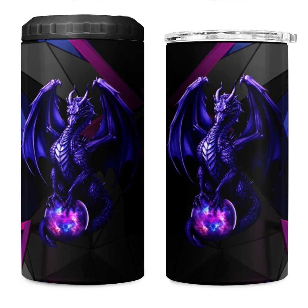 Custom Black And Purple Dragon Bowling 4 in 1 Can Cooler Tumbler Magic Orb Graphic on Geometric Black Background Design - Wonder Print Shop