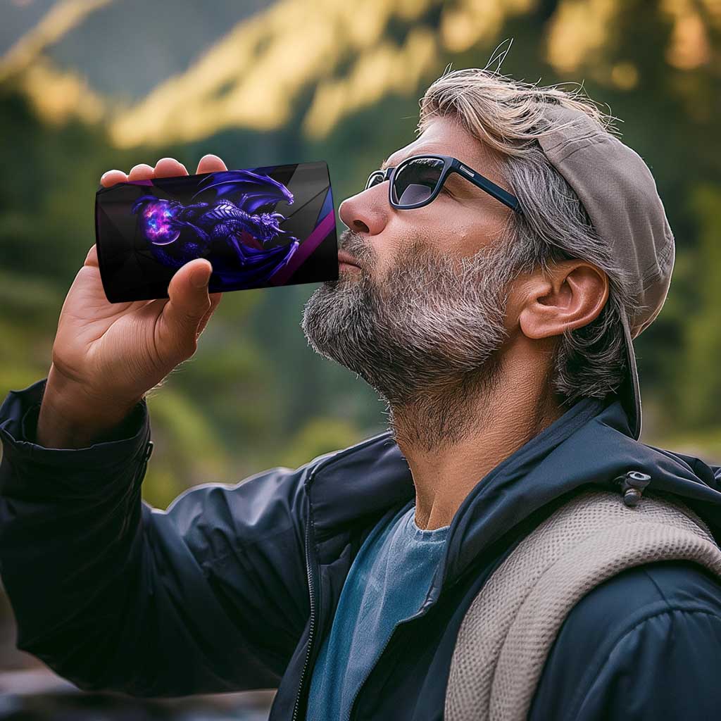 Custom Black And Purple Dragon Bowling 4 in 1 Can Cooler Tumbler Magic Orb Graphic on Geometric Black Background Design - Wonder Print Shop