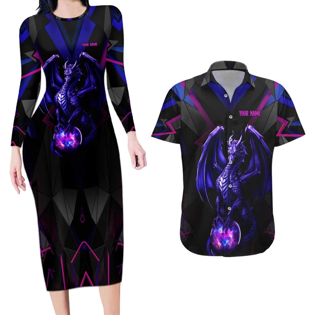 Custom Black And Purple Dragon Bowling Couples Matching Long Sleeve Bodycon Dress and Hawaiian Shirt Magic Orb Graphic on Geometric Black Background Design - Wonder Print Shop