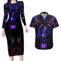 Custom Black And Purple Dragon Bowling Couples Matching Long Sleeve Bodycon Dress and Hawaiian Shirt Magic Orb Graphic on Geometric Black Background Design - Wonder Print Shop