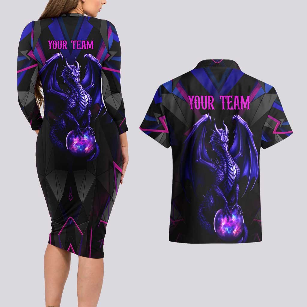 Custom Black And Purple Dragon Bowling Couples Matching Long Sleeve Bodycon Dress and Hawaiian Shirt Magic Orb Graphic on Geometric Black Background Design - Wonder Print Shop