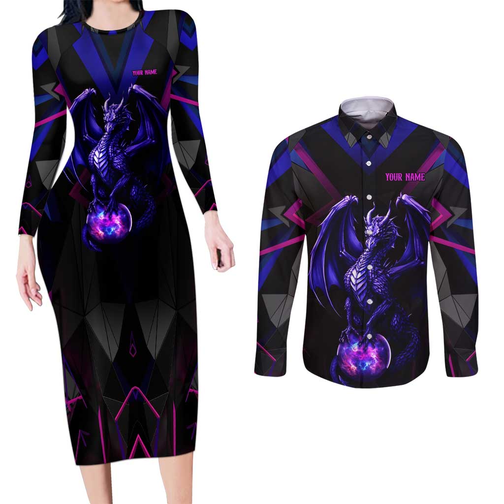 Custom Black And Purple Dragon Bowling Couples Matching Long Sleeve Bodycon Dress and Long Sleeve Button Shirt Magic Orb Graphic on Geometric Black Background Design - Wonder Print Shop